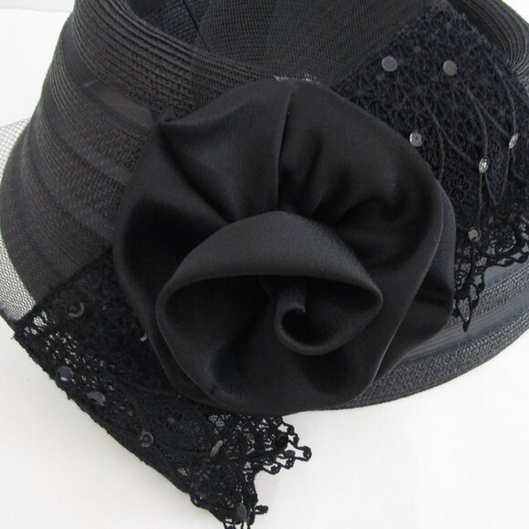 TALL Breton Sheer Church Hat Black Horsehair Pouf Satin Bow - Picture 10 of 12